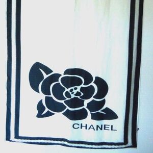 CHANEL Women's Beach Scarf Shawl Wrap Silk Black White Logo Size-XXXL/75x40 in